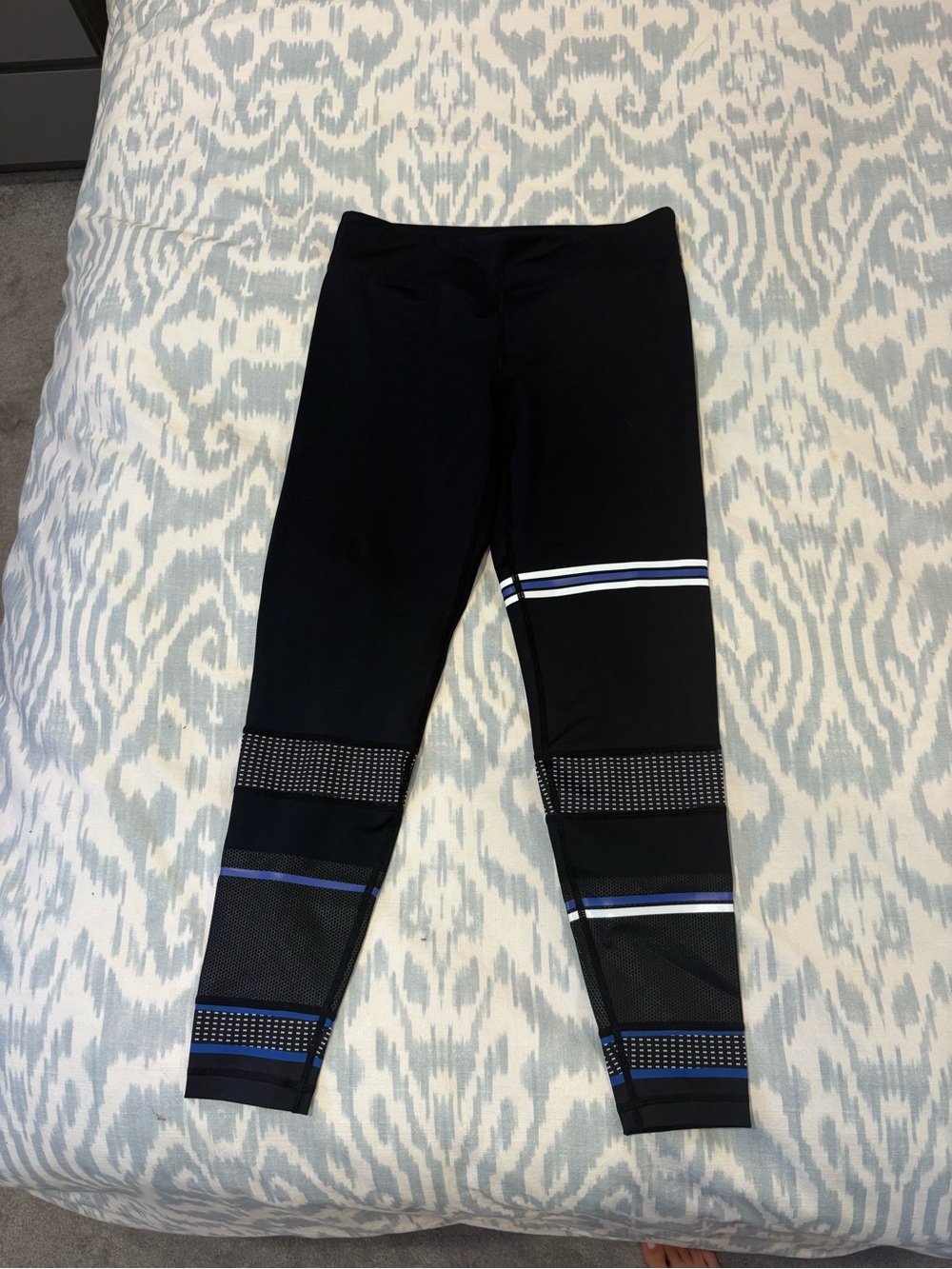 Lilybod Black Leggings with Blue & White Stripe Accents